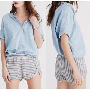 Madewell Oahu Cover-Up Shorts in Stripe White blue pom pom trim NWT